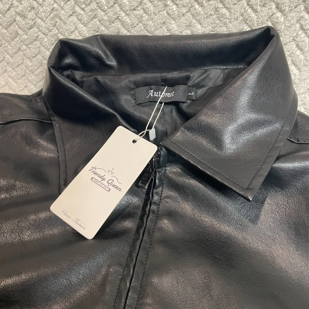 Automet Womens Black Faux Leather Bomber Bikercore Jacket Large NWT - Image 6