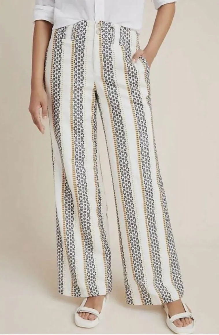Embroidered Striped Boho Wide Leg High Rise Eyelet Pants - Image 2