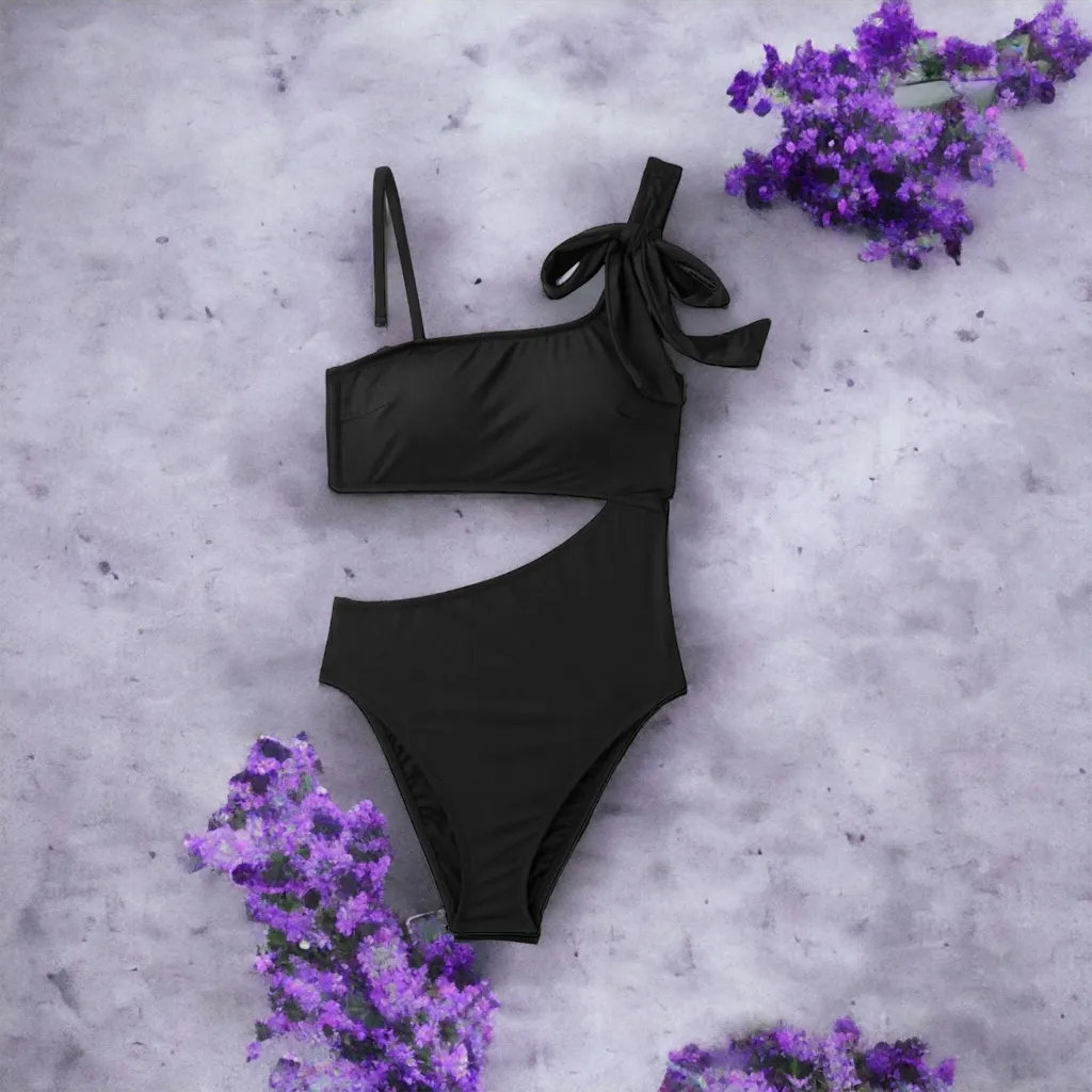 Shade & Shore One Shoulder Bow Cut Out One‎ Piece Black Swimsuit 
Size XL - Image 10