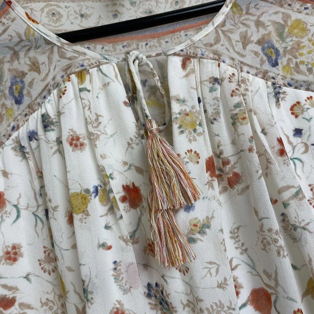 Joie Vesta Dress Small Womens Silk Floral Lined Sheer Boho Tassel Tie Porcelaine - Image 6
