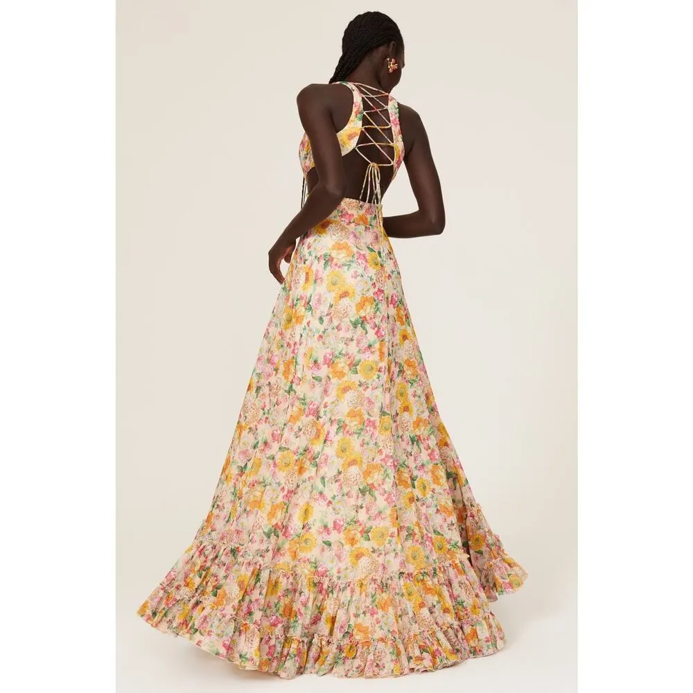 MAC DUGGAL Yellow Floral Chiffon Lace Up Tie Up Back Gown Dress - Image 2