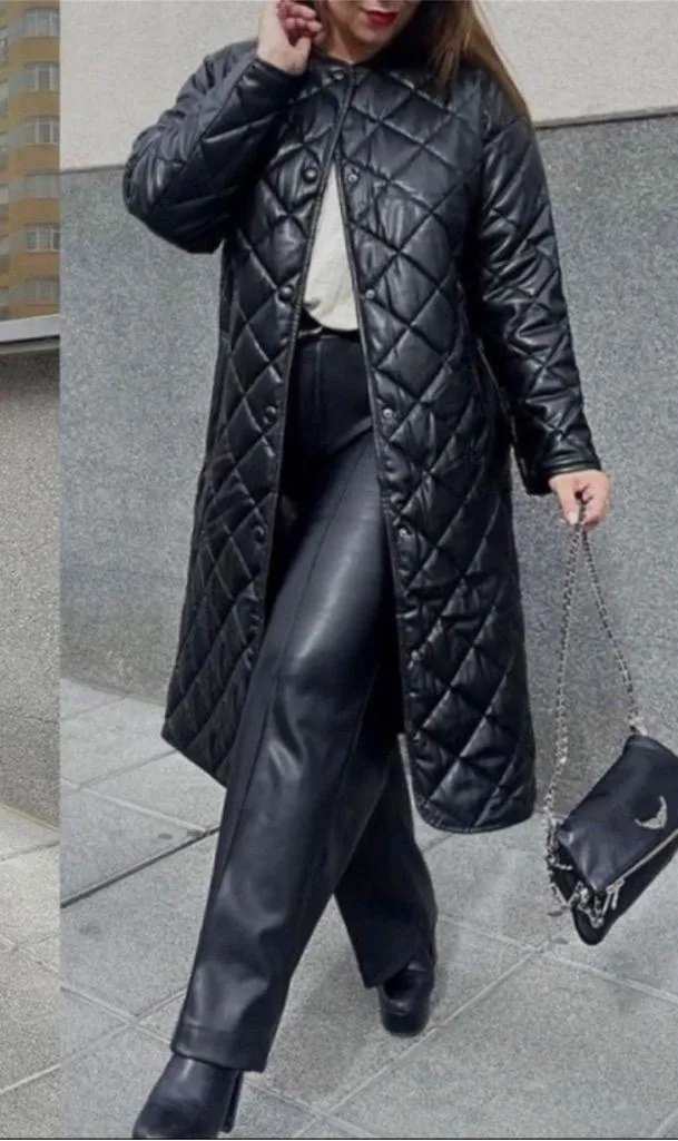 ZARA BLACK FAUX LEATHER PUFFER JACKET QUILTED LONG COAT SZ M OVERSIZED RARE - Image 4