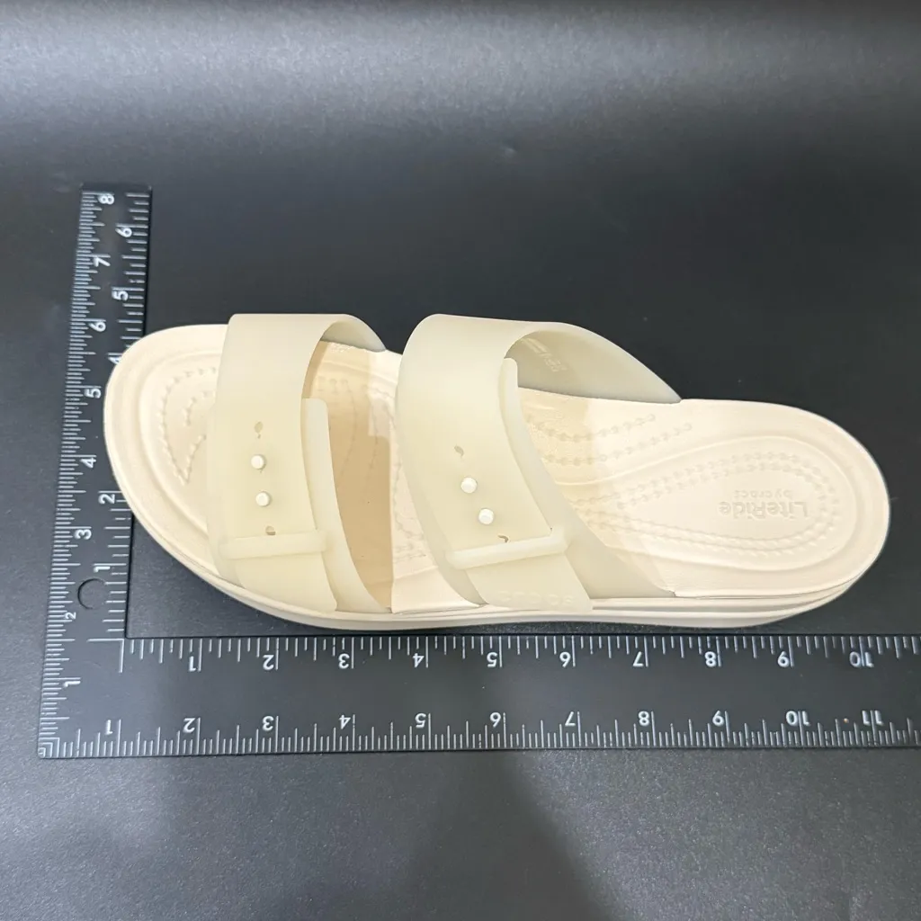 CROCS Beige Sandstone Brooklyn Buckle Frosted Low Wedge Sandals Women’s Size 8 - Image 11