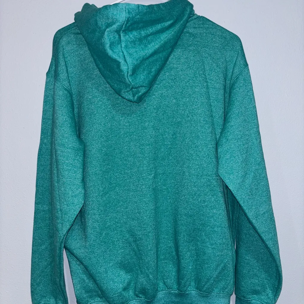Trendy Teal Graphic Hoodie Green Size M - Image 2