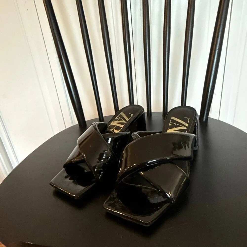 Zara black patent block heel sandals size 6 - Image 4