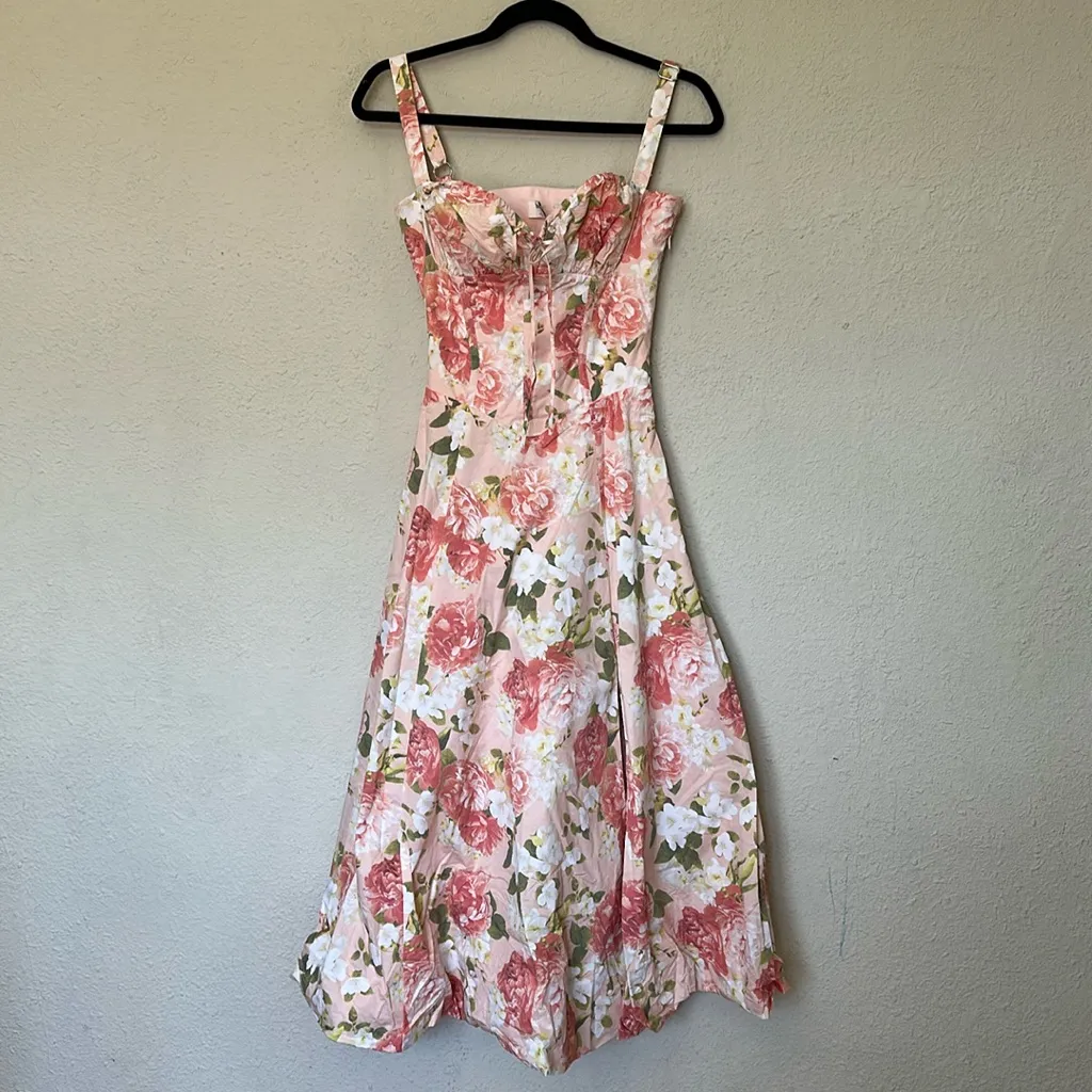 HOUSE OF CB 'Carmen' Pink Peony‎ Print Cotton Bustier Sundress NWOT Size M A-C - Image 4