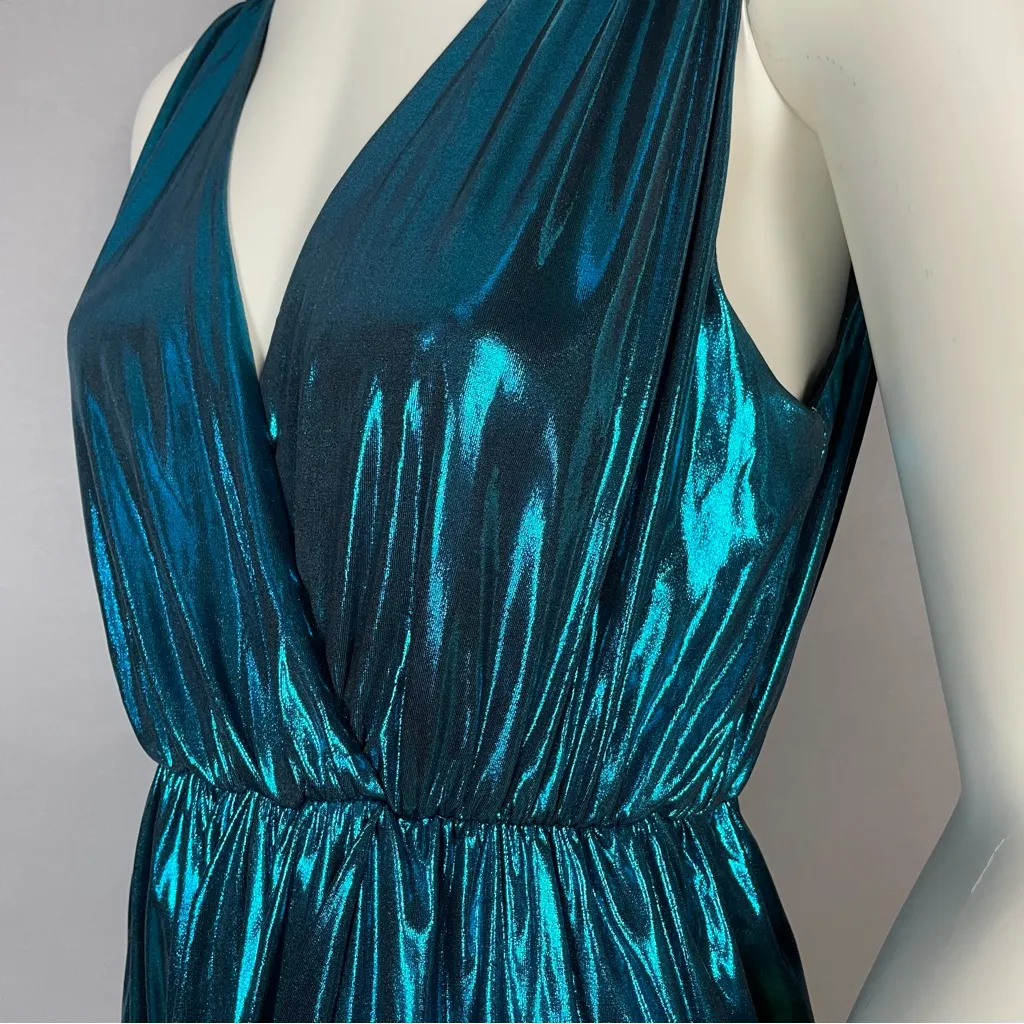 Zara Dress Metallic Wrap Style Blue Size XS Disco Party Grecian Tie Retro V-Neck - Image 16