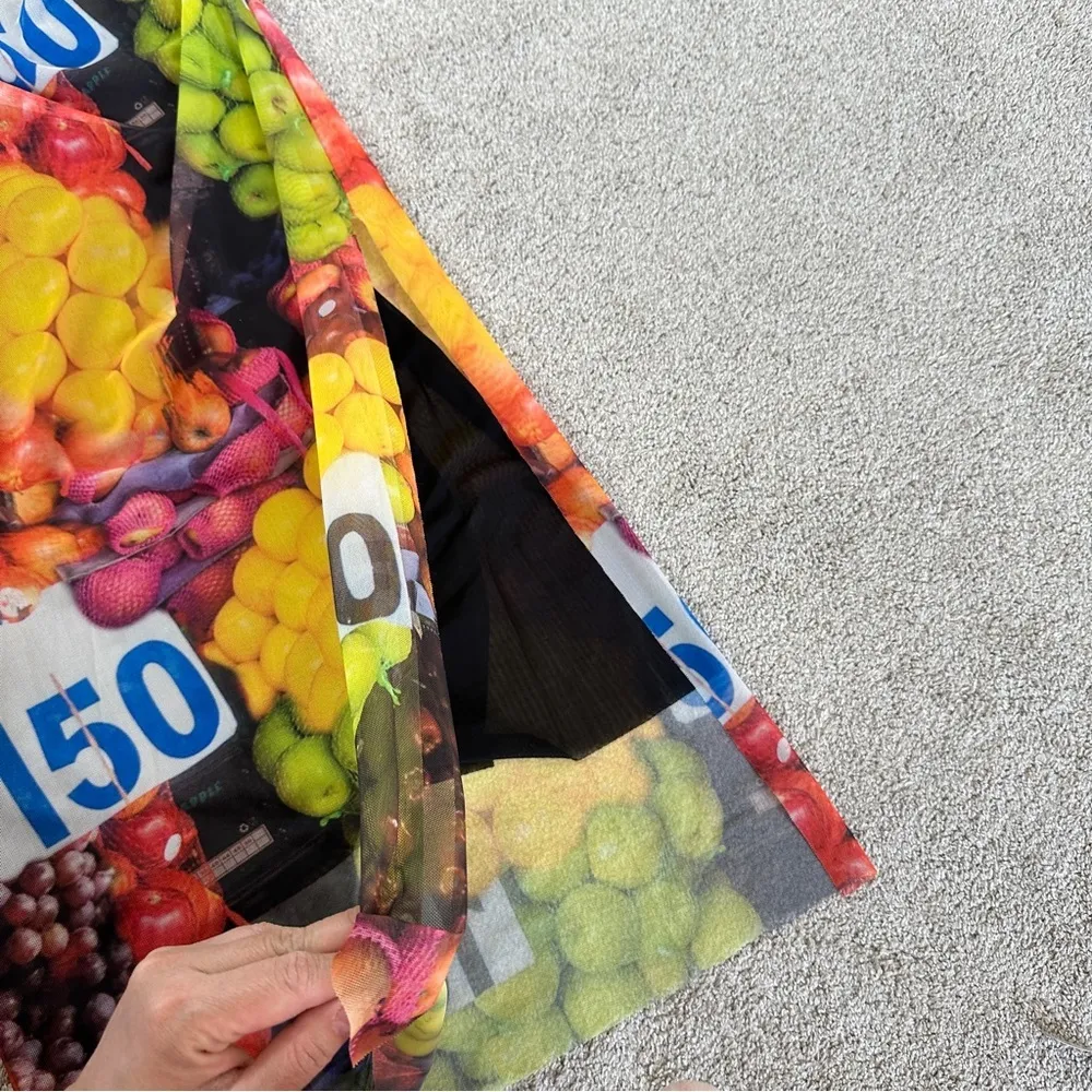 Zara Ruched Mesh Maxi Dress Strappy Sleeveless Fruit Stand Print Colorful Size S - Image 12
