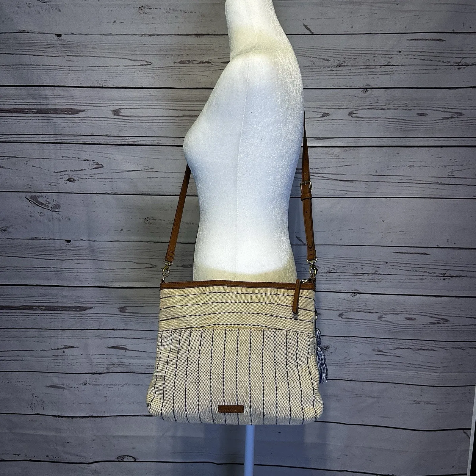 Fossil Fiona Striped Canvas Crossbody Bag with Leather Trim and Tassel Accent - Image 2