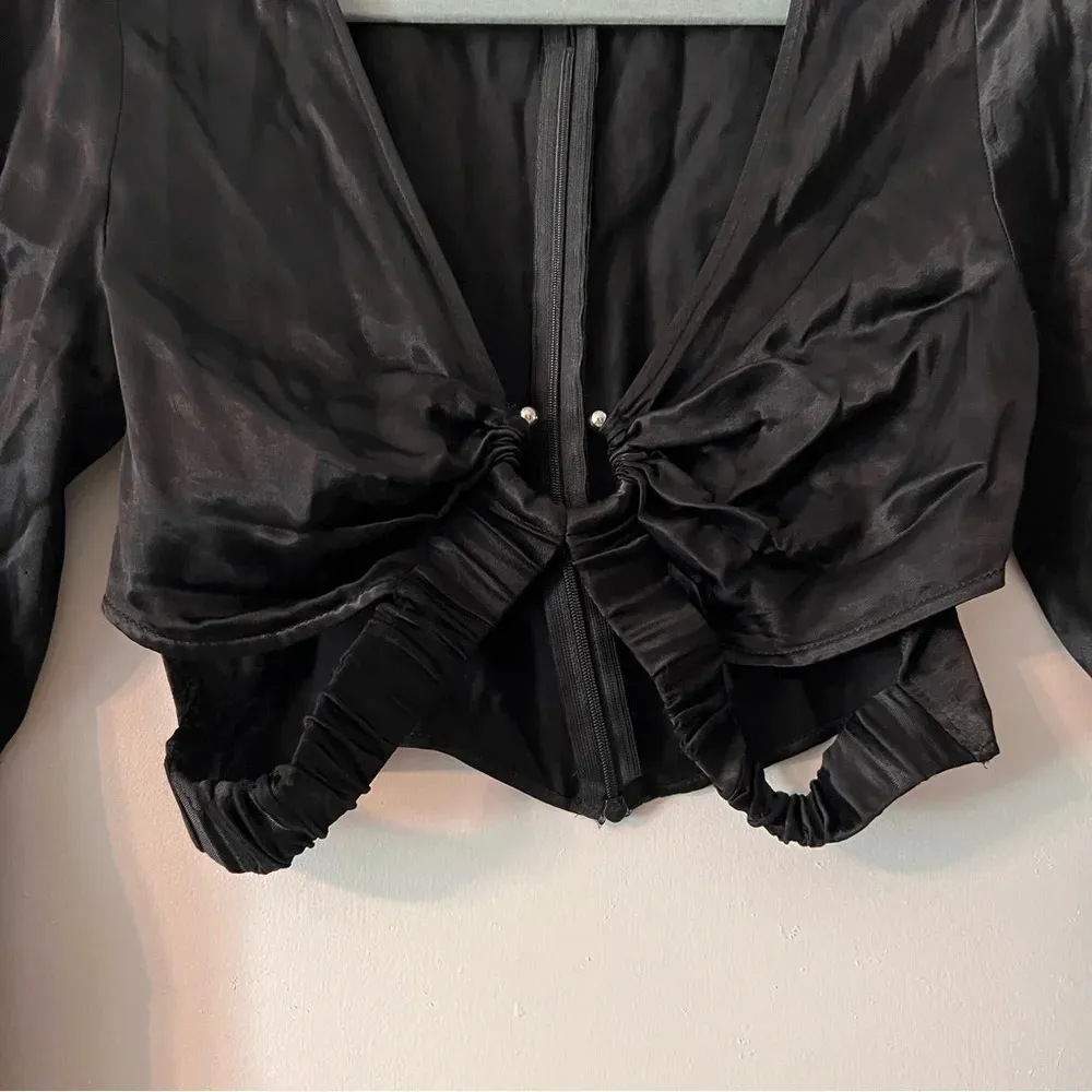 Zara Cut Out Satin Effect Crop Top Black Silky Sexy Night Long Sleeve Small - Image 9
