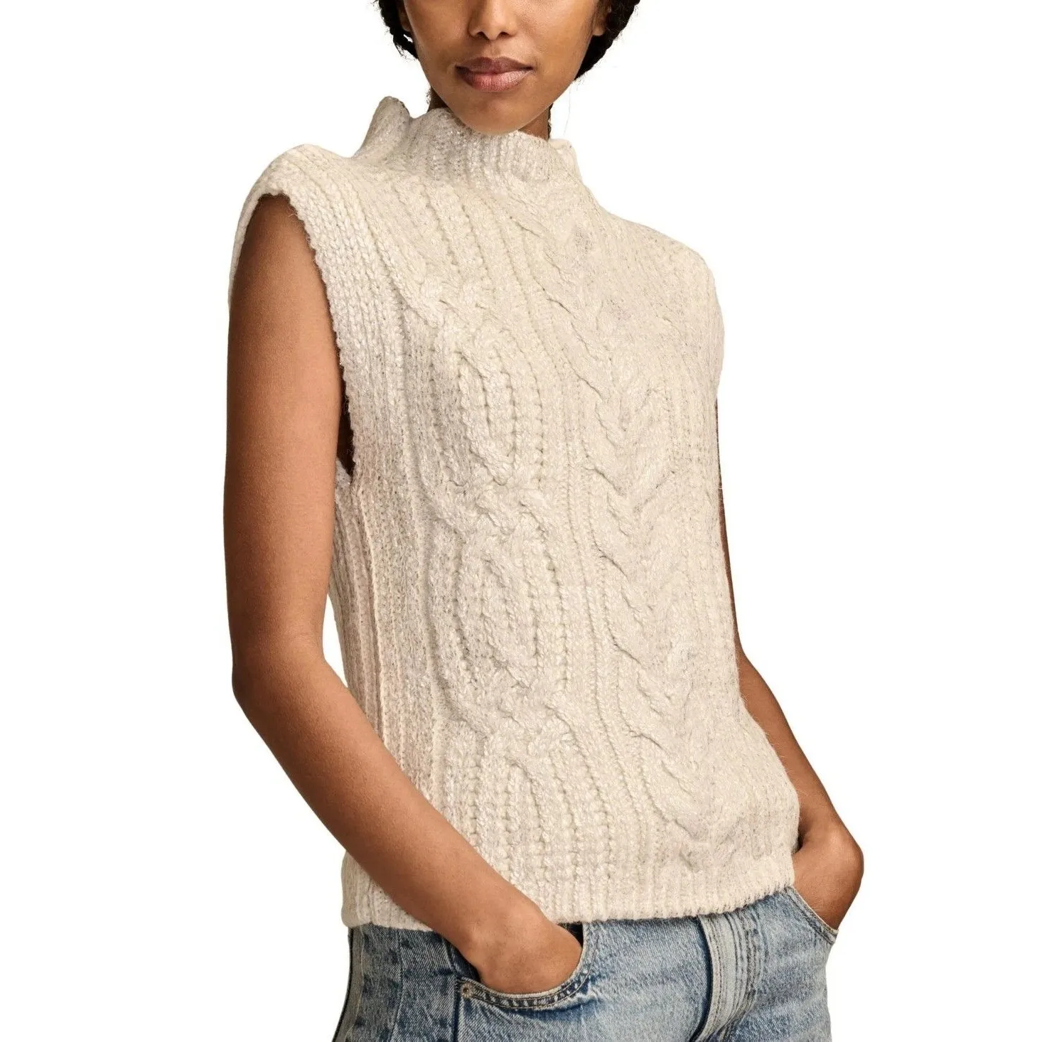 Lucky Brand Women Metallic Cable-Knit Sweater Vest Ivory Silver Size XS MSRP $90 - Image 3