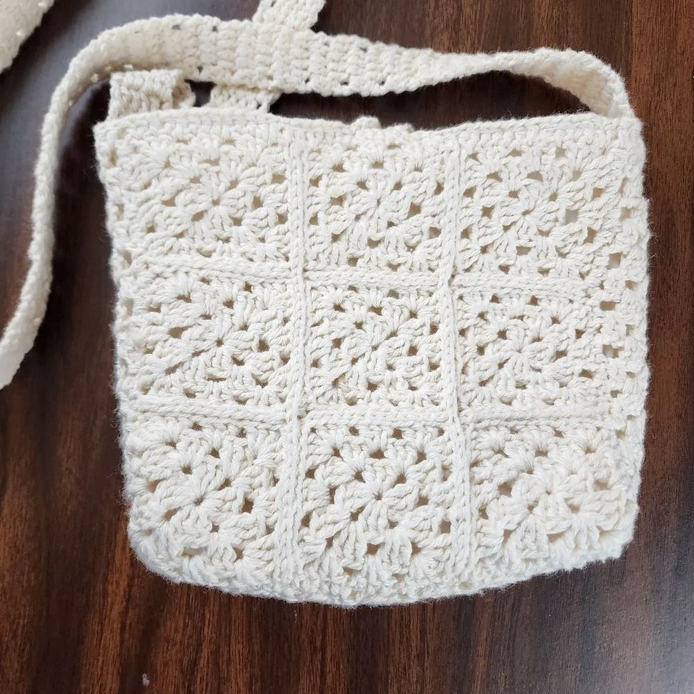 New Handmade Crochet Cotton Granny Square Crossbody Mini Bag Lined Purse Cream - Image 2