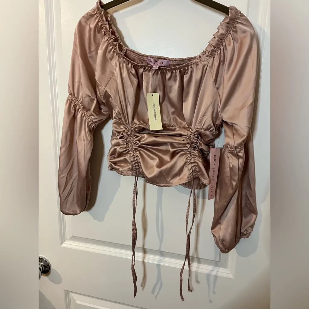 Francescas NWT RoseSatin Balloon Puff Sleeve Ruched Top Sz M Y2K SoftGirl Whimsy Pink Size M - Image 6