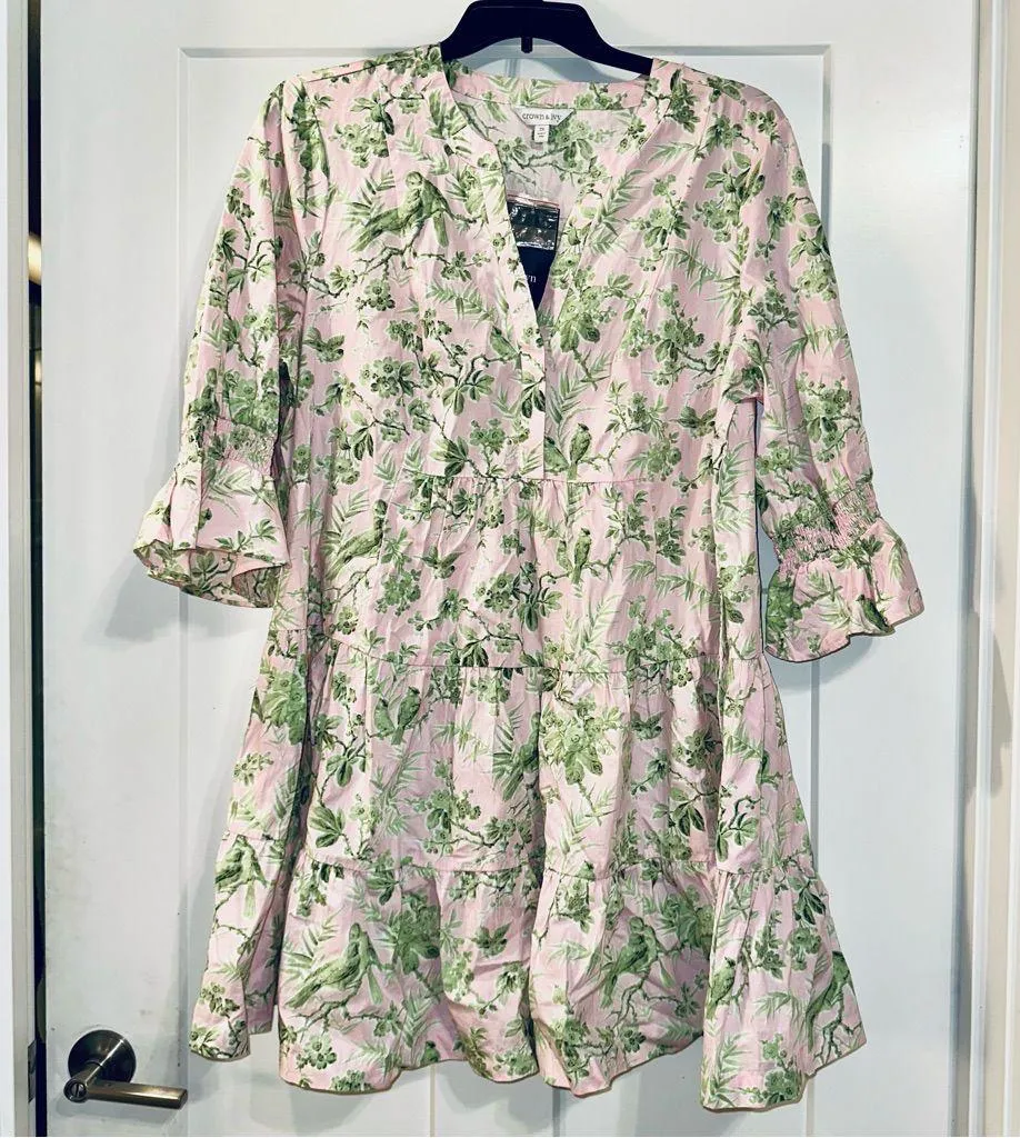 Crown & Ivy 3/4 sleeve Tiered Dress Pink Green Toile NWT 2X with Pockets - Image 2