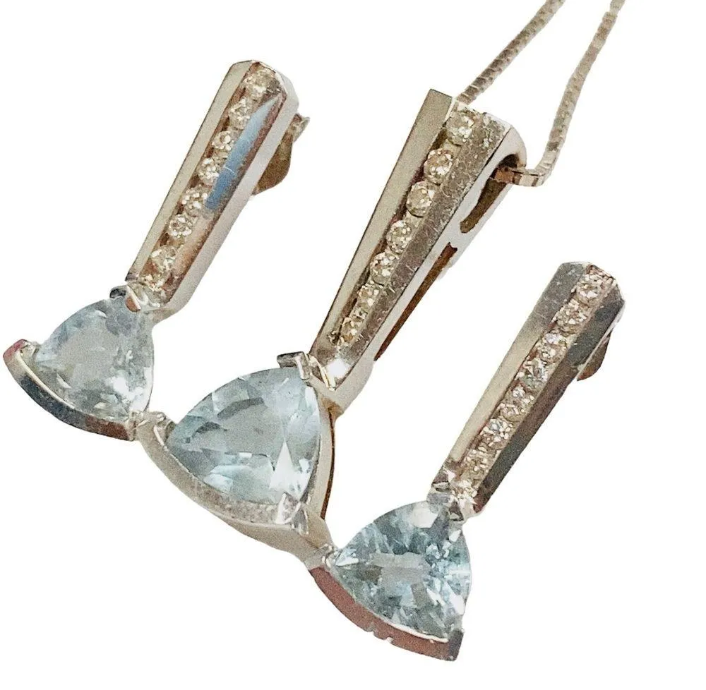 14K White Gold Trillion Cut Aquamarine Round Diamond Earrings and Necklace Set - Image 4