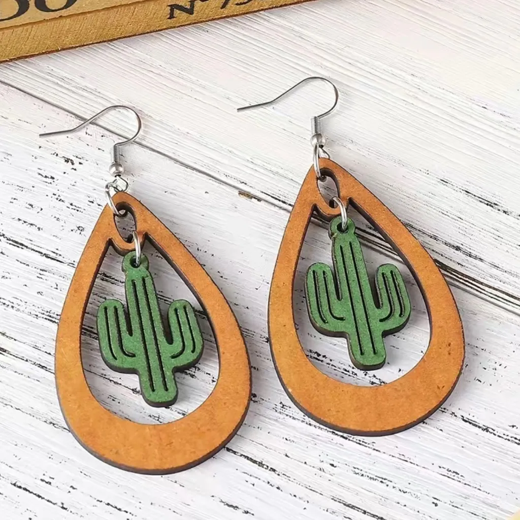 Western ethnic style cactus hollow water drop dangle wooden‎ earrings Tan - Image 7
