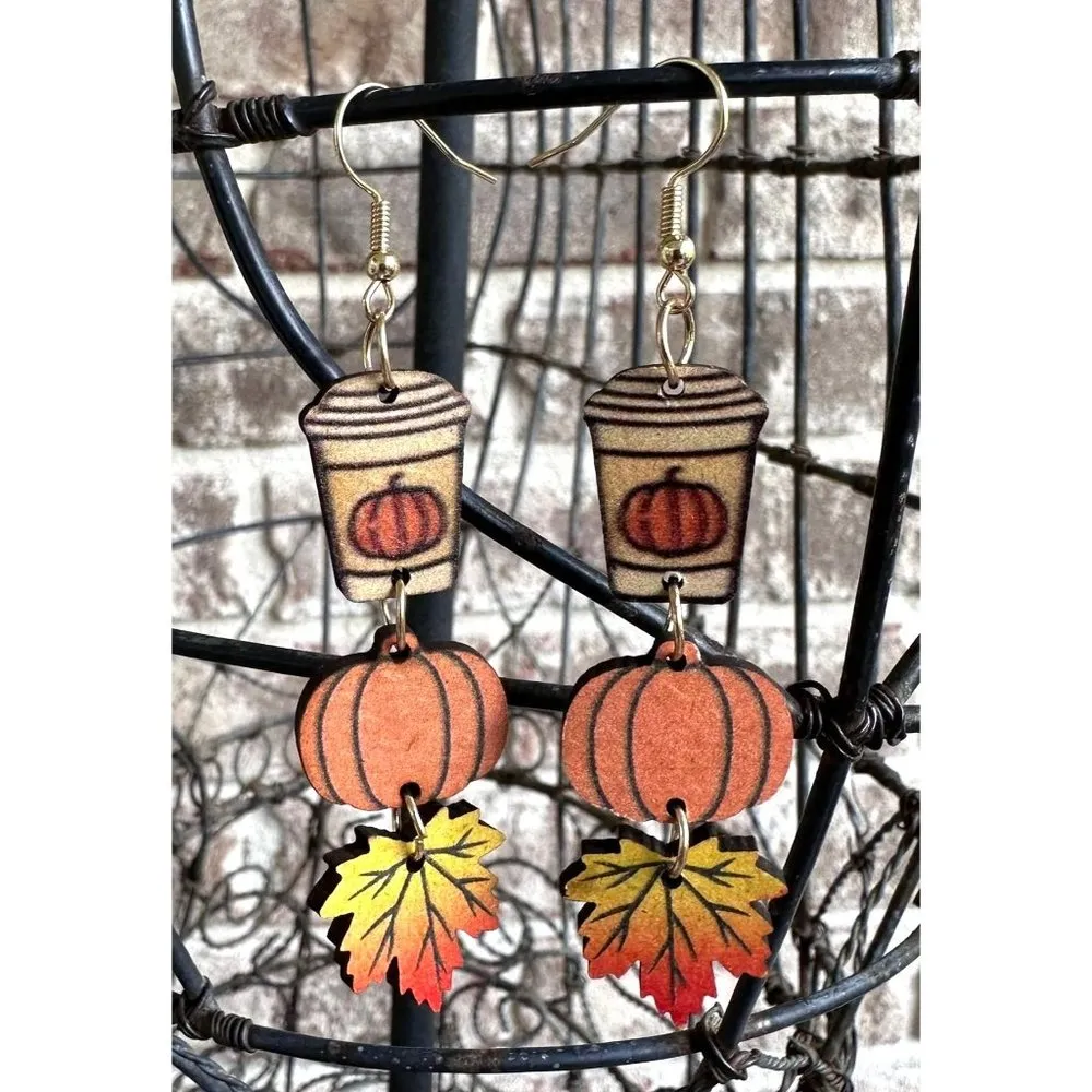 Pumpkin Latte Earrings Coffee Fall Leaves New Dangle Hooks Double Sided… - Image 3