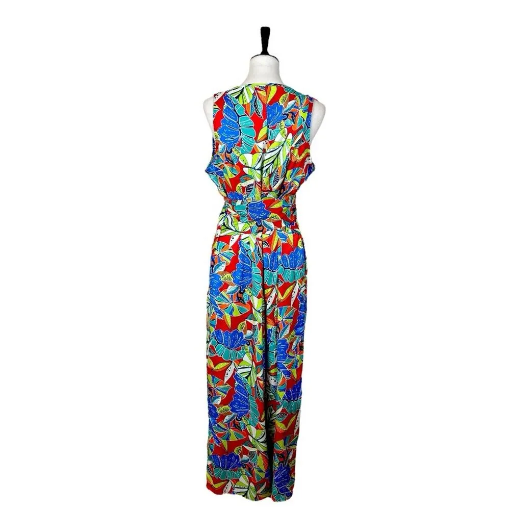 Nicole Miller Jumpsuit Wide Leg Belted V-neck  Red Blue Multi Women’s Size XL - Image 4