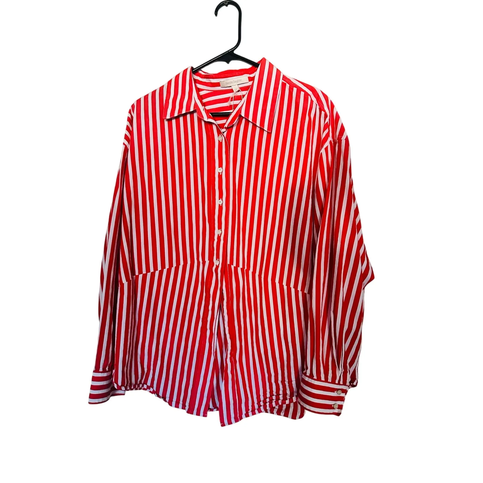 FAVORITE DAUGHTER Red White Stripe Pattern Front Button Open Hem Shirt sz Large - Image 2