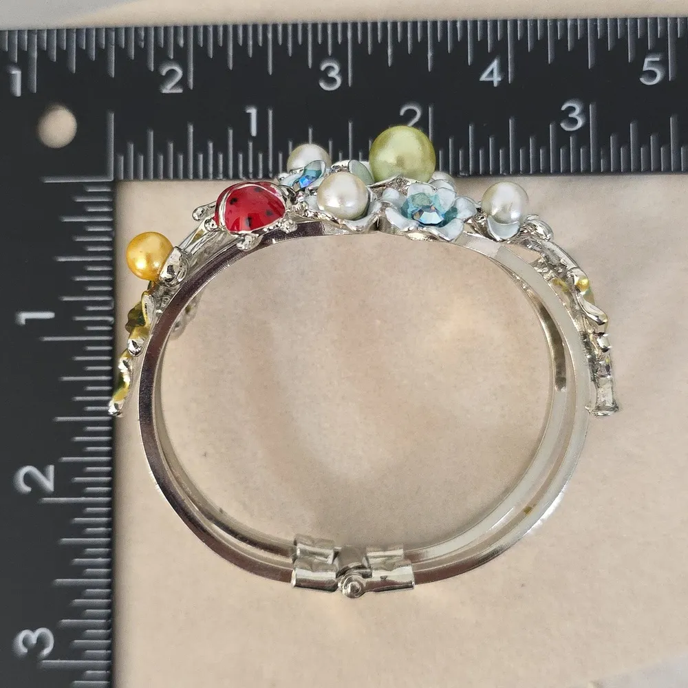 Vintage Silver Enamel Floral with Ladybug Clamper Hinge Bracelet - Image 7