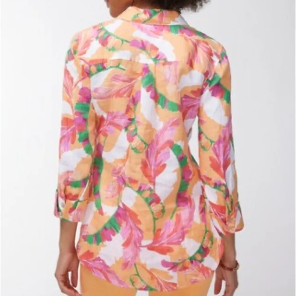 Chico’s No Iron 100% Linen 3/4 Sleeve Shirt Feather Fiesta Multicolor 2.5/US 14 - Image 2