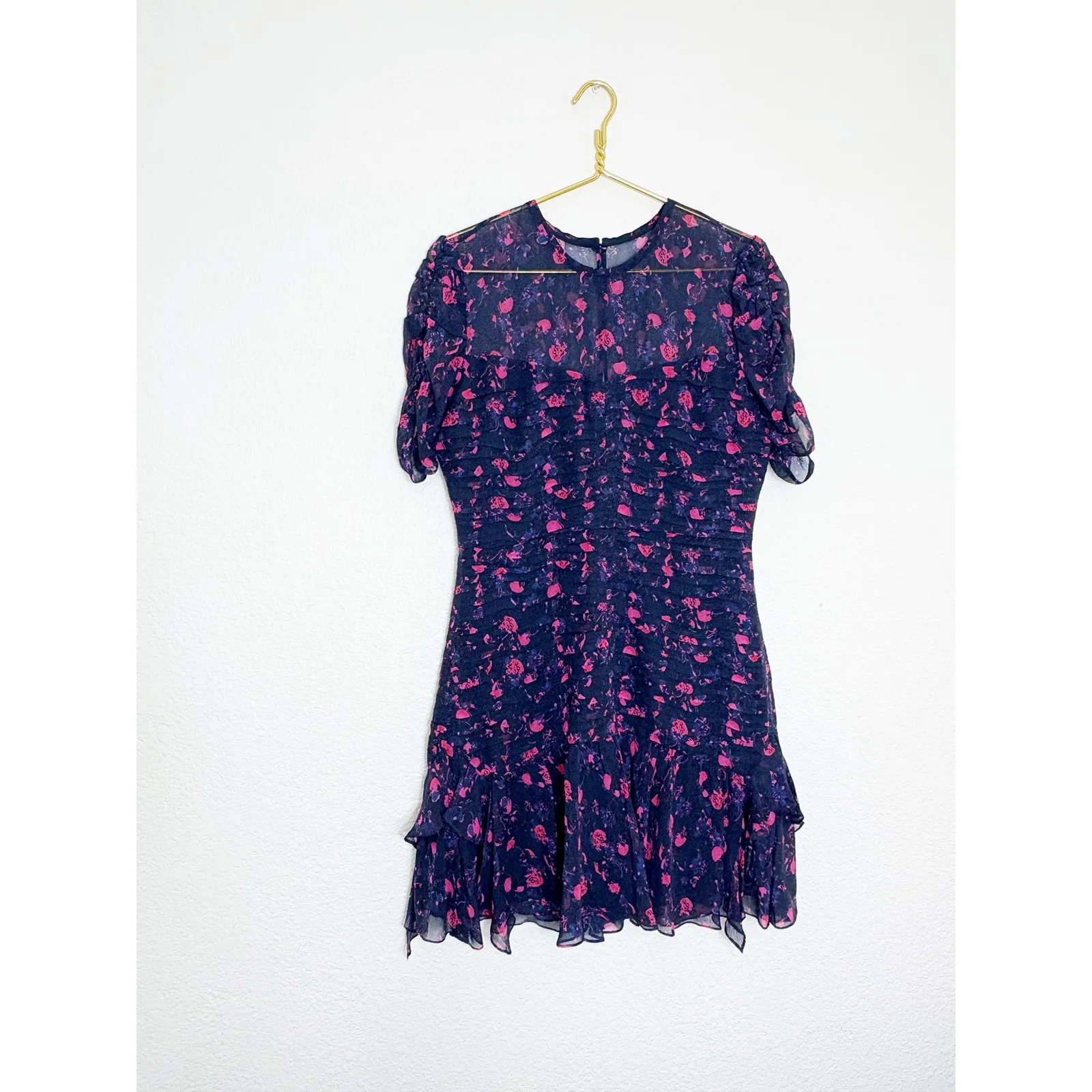 Tanya Taylor Falling Floral Carti Dress Size 10 Purple Silk Ruched Cocktail - Image 4