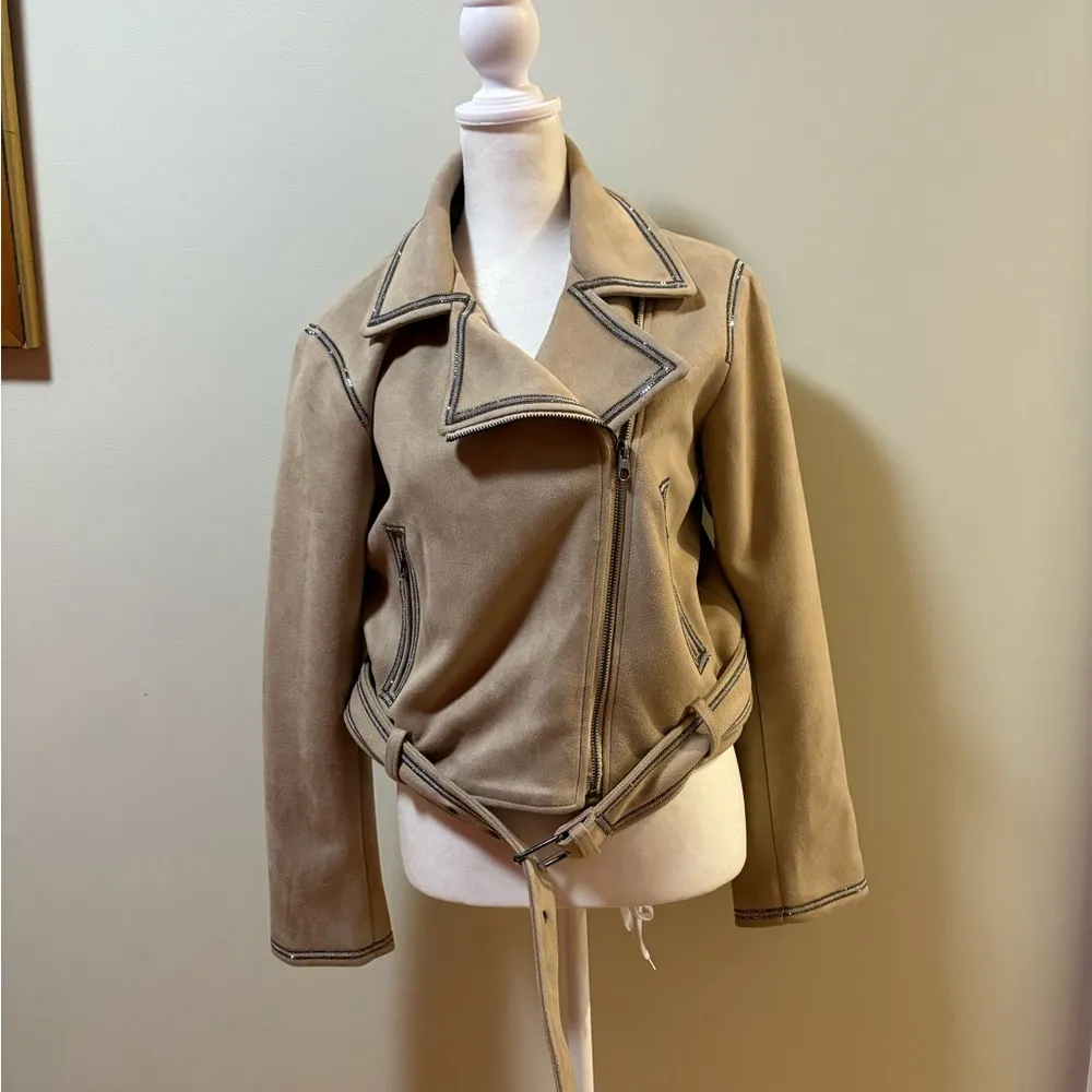 Zara cropped moto jacket coat rhinestones trim beige faux suede M - Image 3
