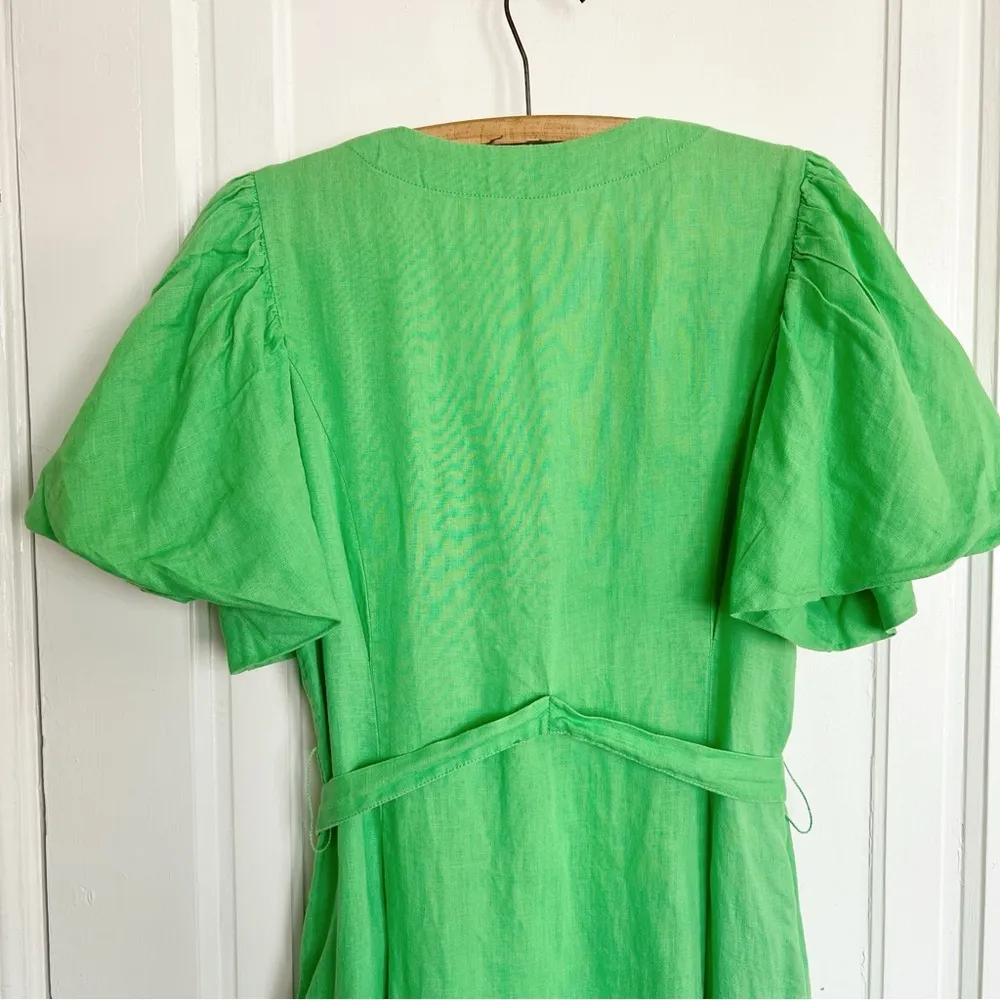 NICHOLAS • Troy Dress green linen midi puff sleeve tie waist button front Size 6 - Image 12
