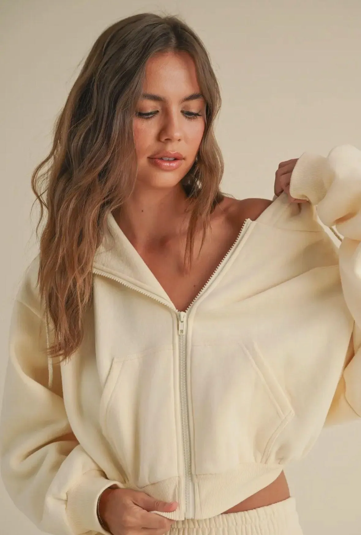 Cream cropped Hooded Zip-Up - Image 6