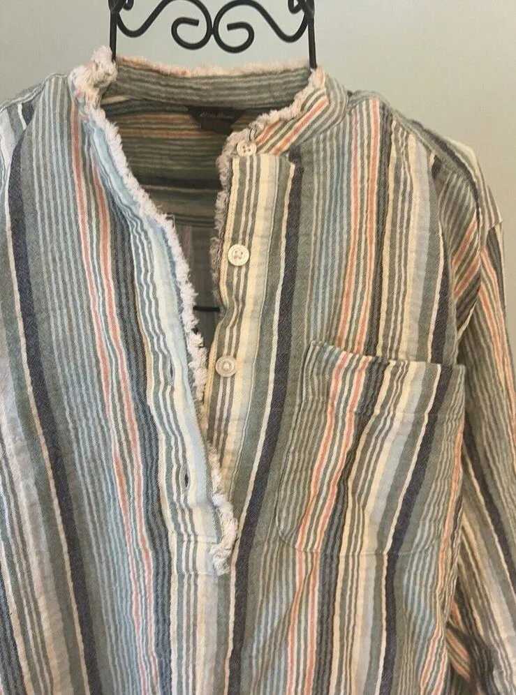 Eddie Bauer Womens small Long Sleeve striped fringe Shirt top Tunic 1/4 button - Image 2
