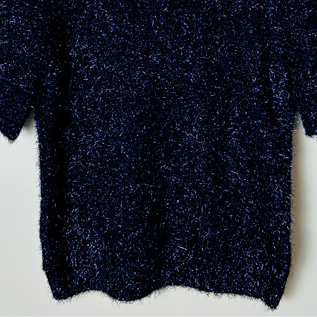 Rachel Zoe Navy Short Sleeve Metallic Fuzzy Knit Top Medium NYE Holiday - Image 4