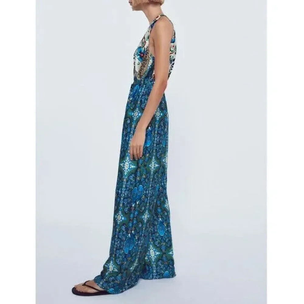 NEW Zara Size L Wide Leg Satin Jumpsuit Paisley Floral Sleeveless Mixed Print - Image 2
