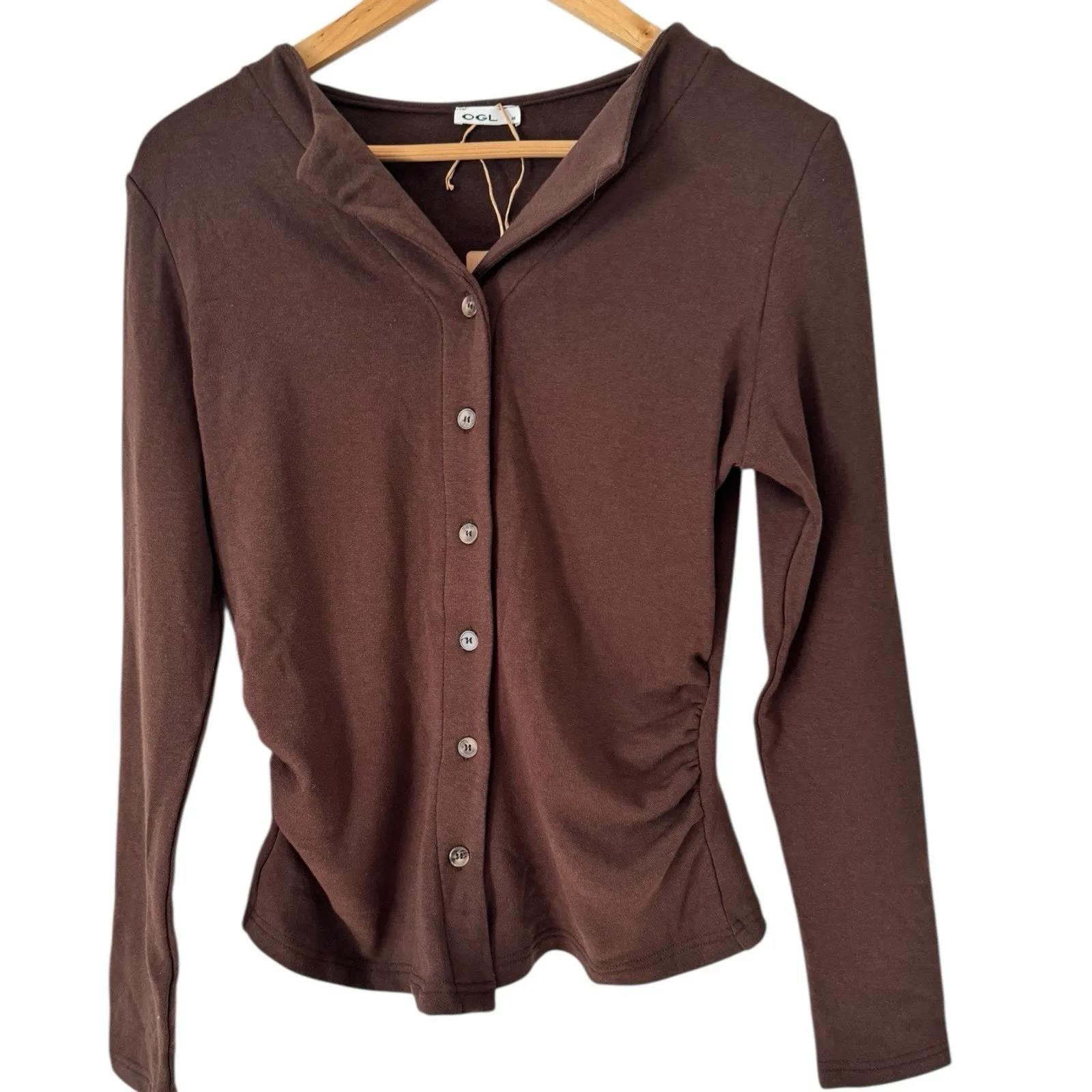 NWT OGL Prowarm Flapped V Neck Button Front Side Ruched Top Espresso Sz Medium Brown - Image 4