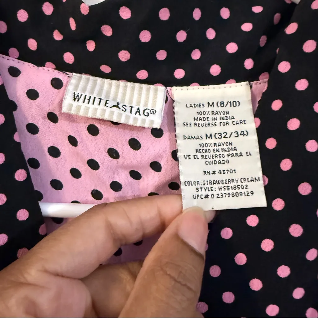 White Stag Polka Dot Black and Pink Midi Dress Women’s Sz M - Image 6