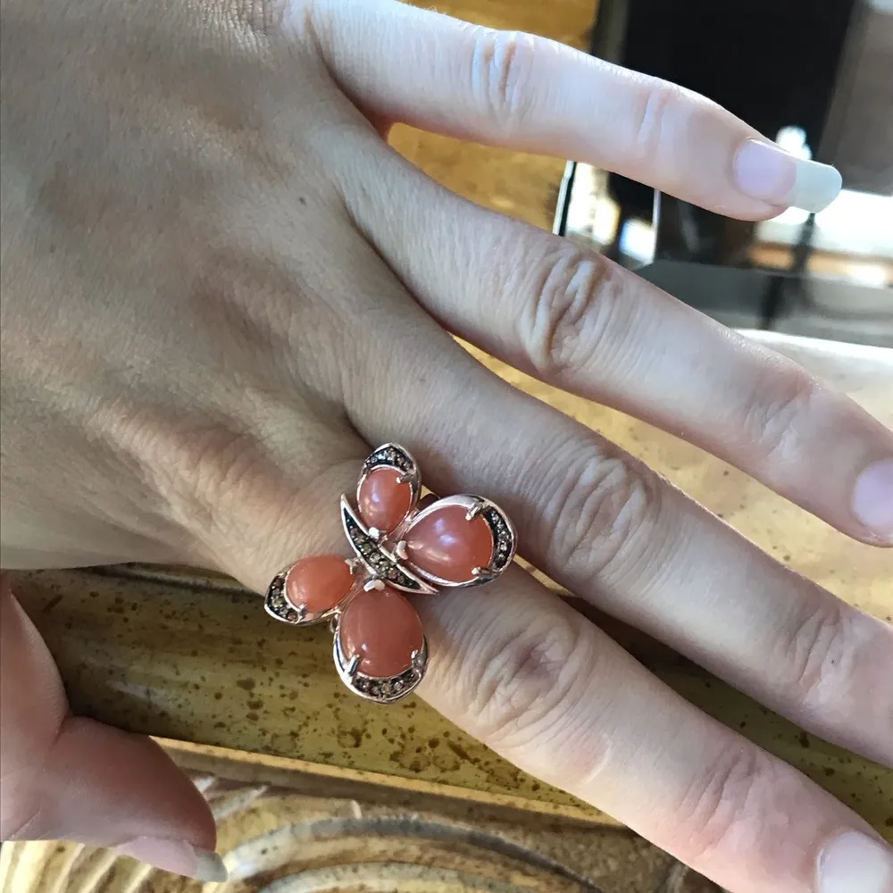 Natural Peach Moonstone Sterling Silver Ring Gold Size 8 - Image 3