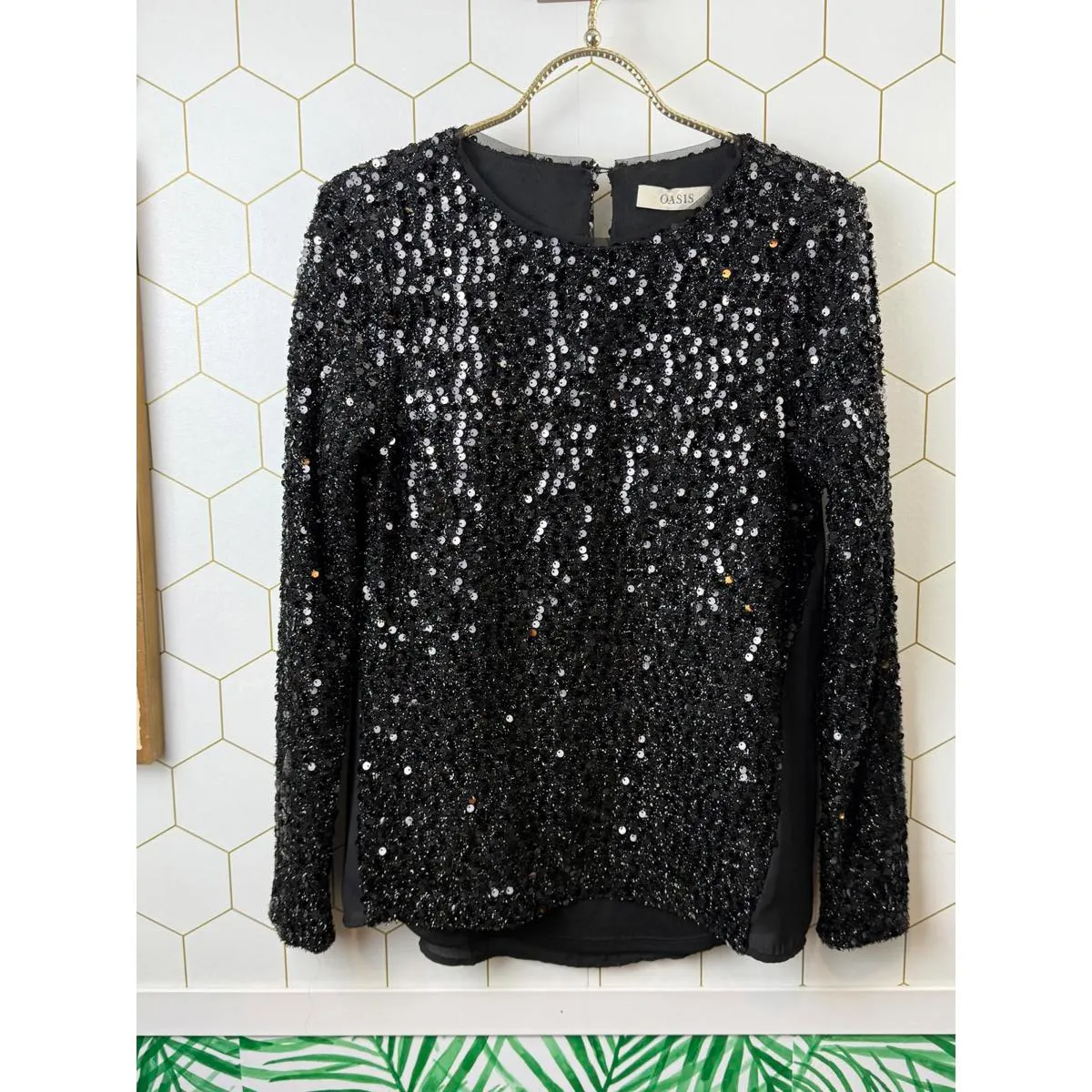 Oasis Black Textured Sequin Long Sleeve Top - Size - XS - Image 7