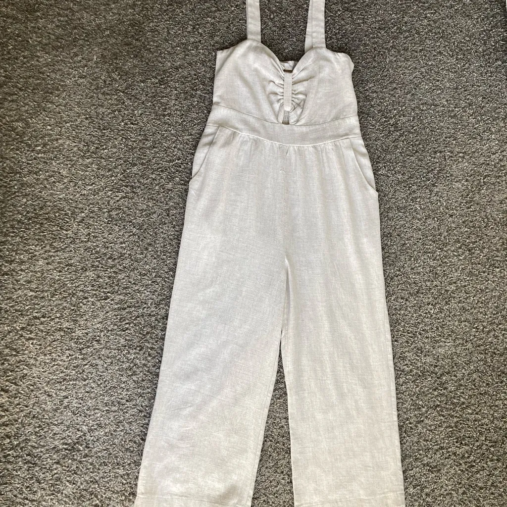 Monceau Los Angeles 70% Rayon 30% Linen Oatmeal Wide-Leg Jumpsuit Size L - Image 2