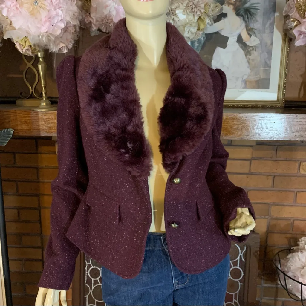 CATO BURGUNDY PURPLE WOOL BLEND BLAZER W/FAUX FUR COLLAR (S) - Image 3