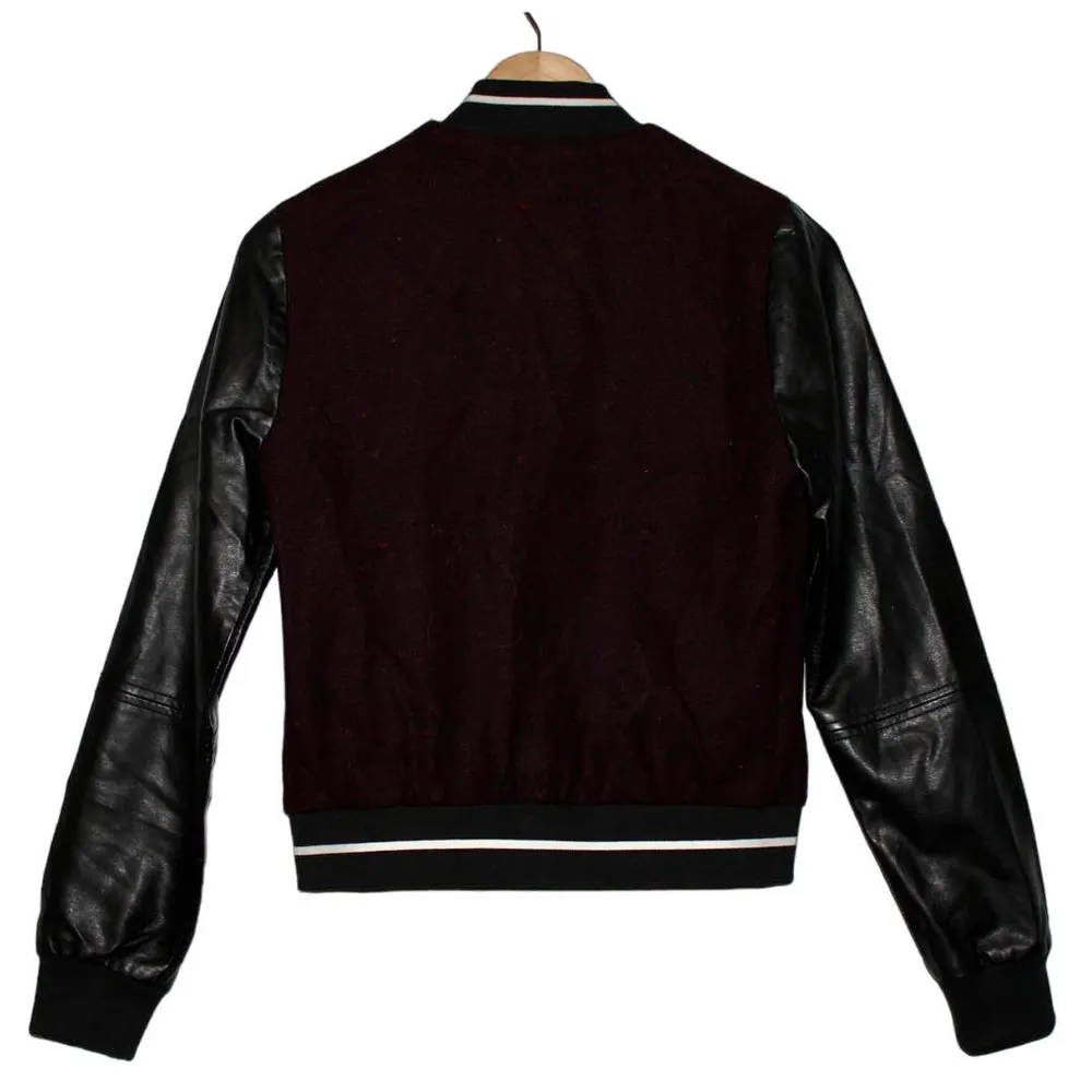 Women Abercrombie & Fitch Black Red Tweed Faux Leather Bomber Jacket Coat Size S - Image 2