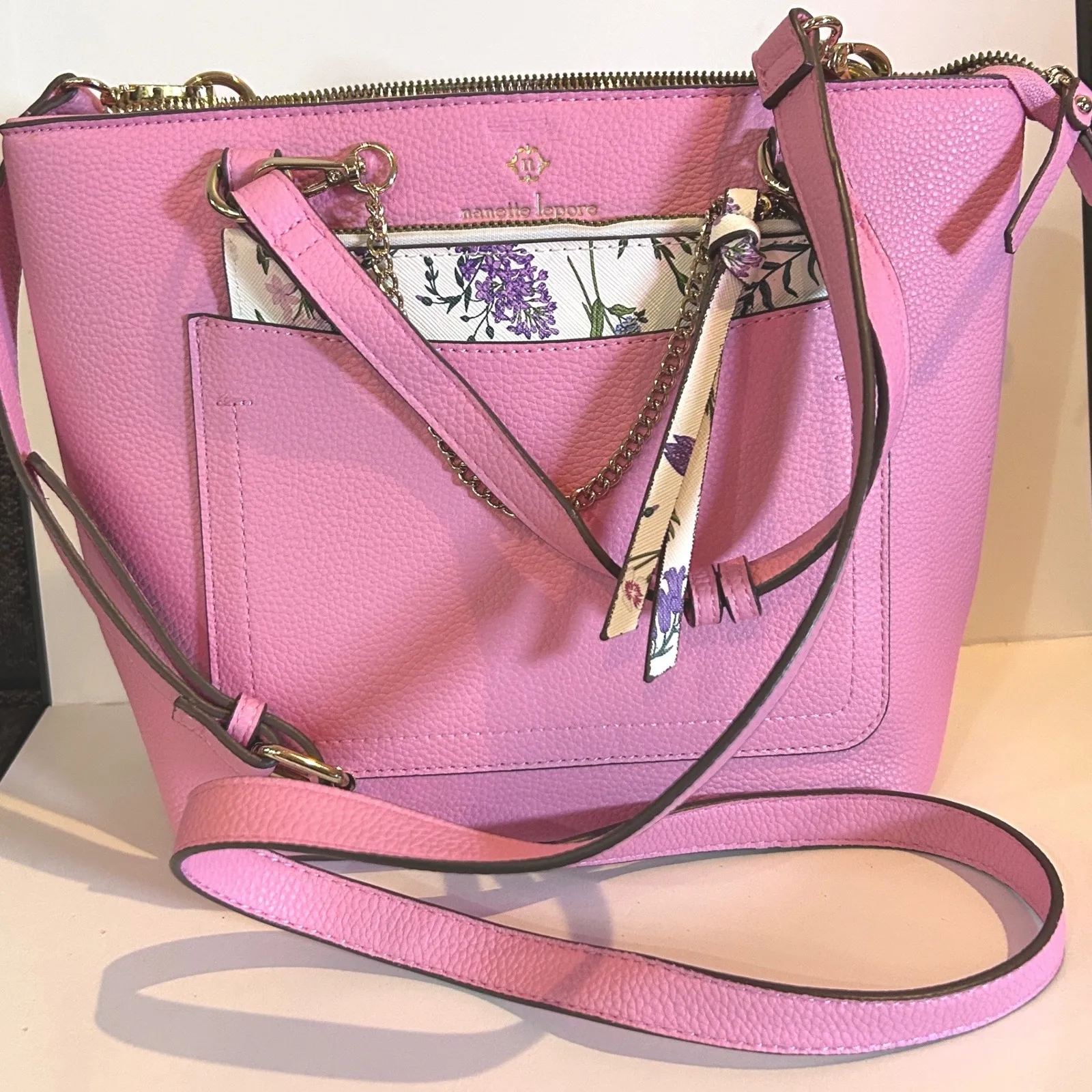 Nanette Lepore Pink Pebbled Leather Tote Bag with Floral Pouch and Chain Accent - Image 2