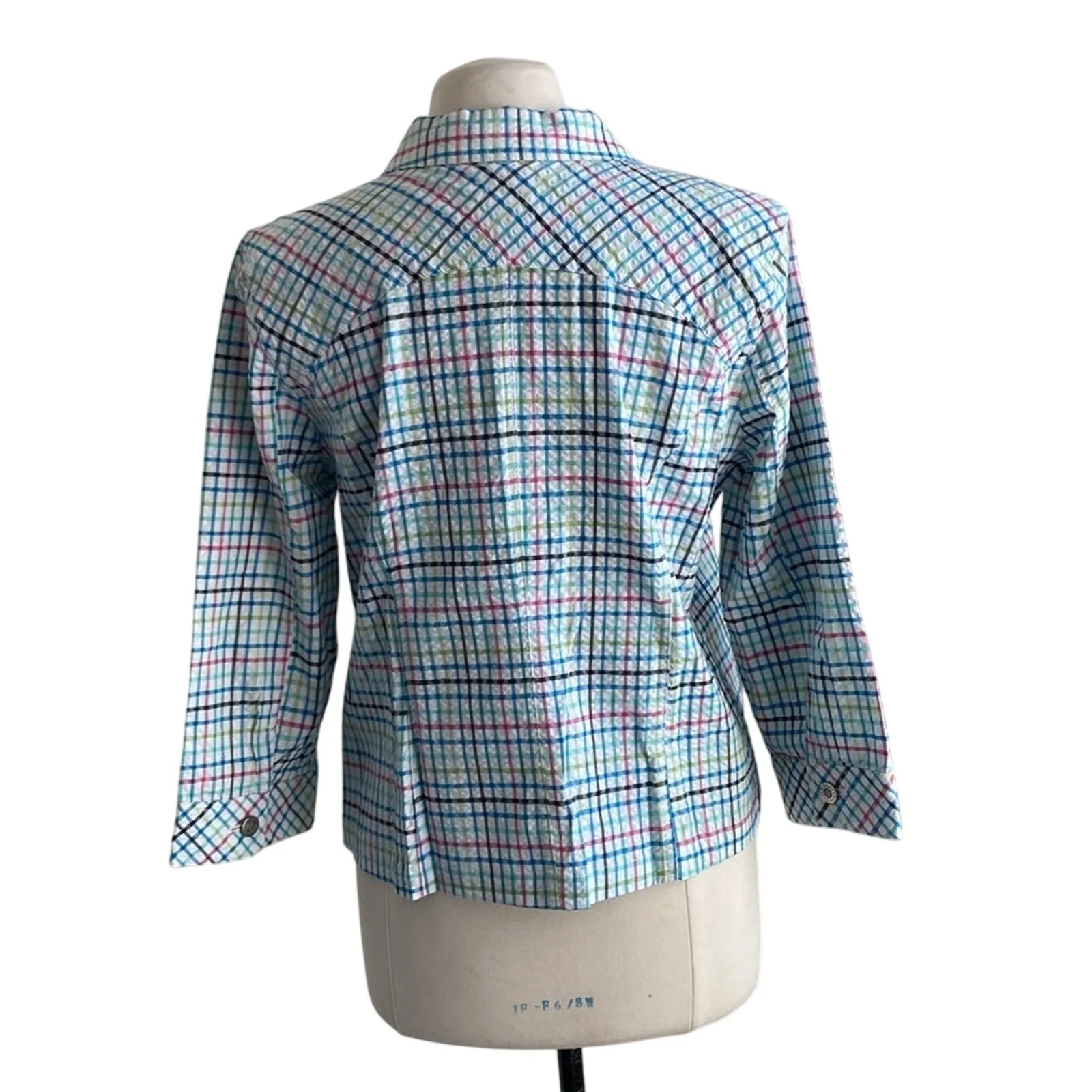 CHRISTOPHER & BANKS Plaid Seersucker Button Down Shirt Womens Sz Medium White - Image 5
