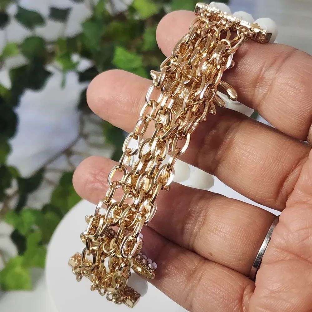 Starfish Seahorse Fish Gold Chain and White Faceted Glass Bead Bracelet - Image 7