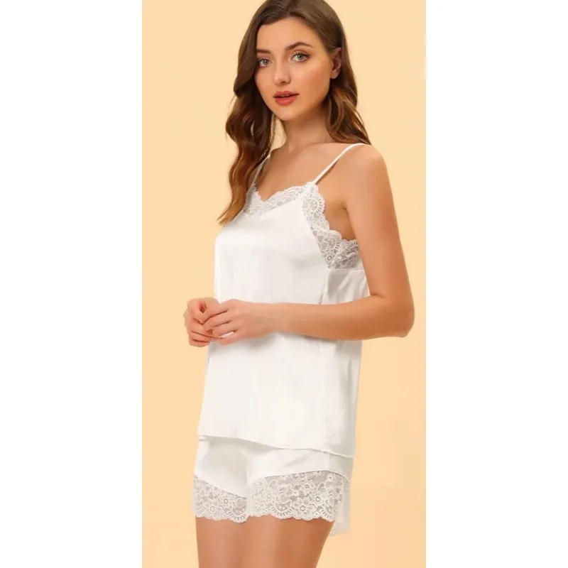 Satin and lace sleep set Allegra K Medium White Romantic Whimsical - Image 2