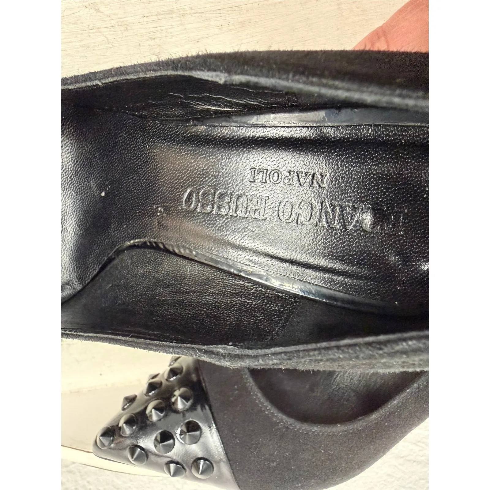 Franco Russo Napoli Black Suede Studded Toe Heels Size 36 EU / US 6Made in Italy - Image 5
