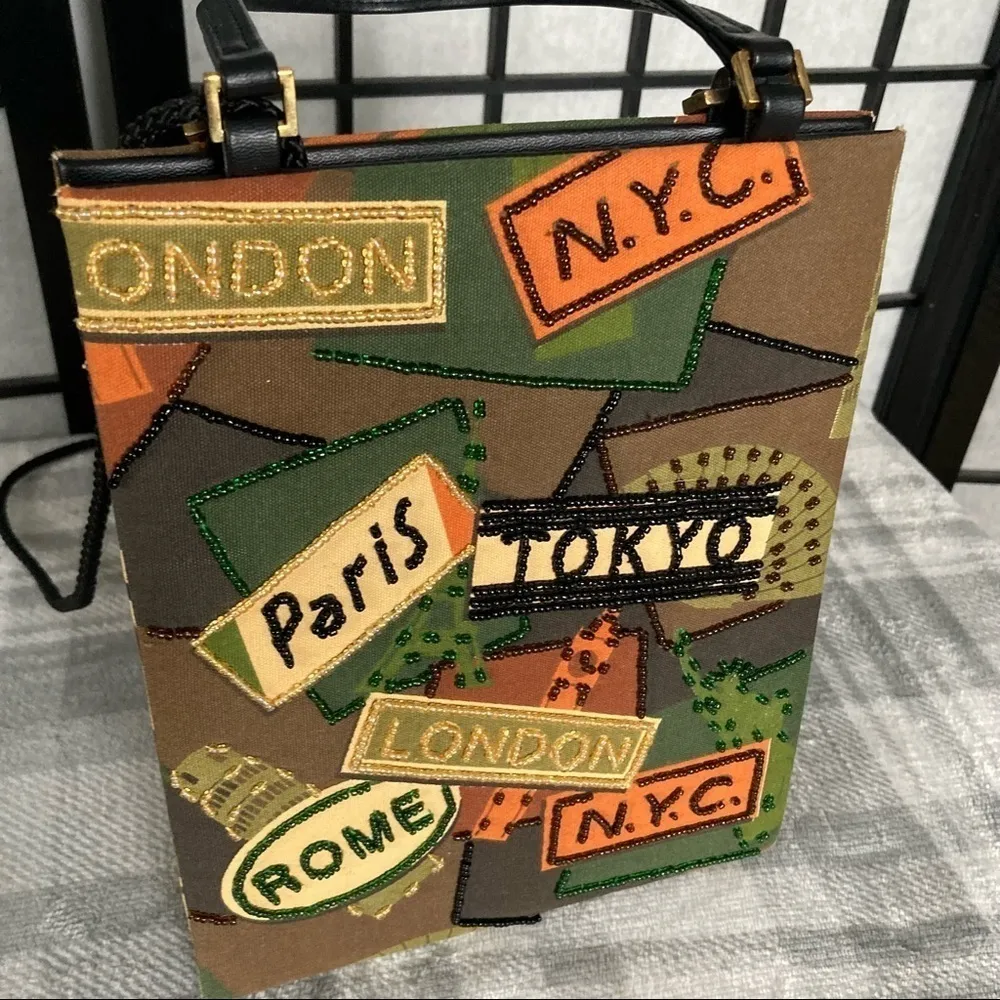 RARE Prezzo World Traveler Beaded London NYC Tokyo Rome Handbag Tote Purse Red - Image 5