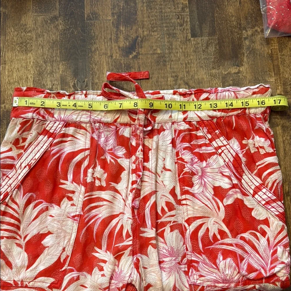 ANOTHER LOVE Tropical Print Red/White Tie Stretch Waist Joggers Pants Size XL Red - Image 15