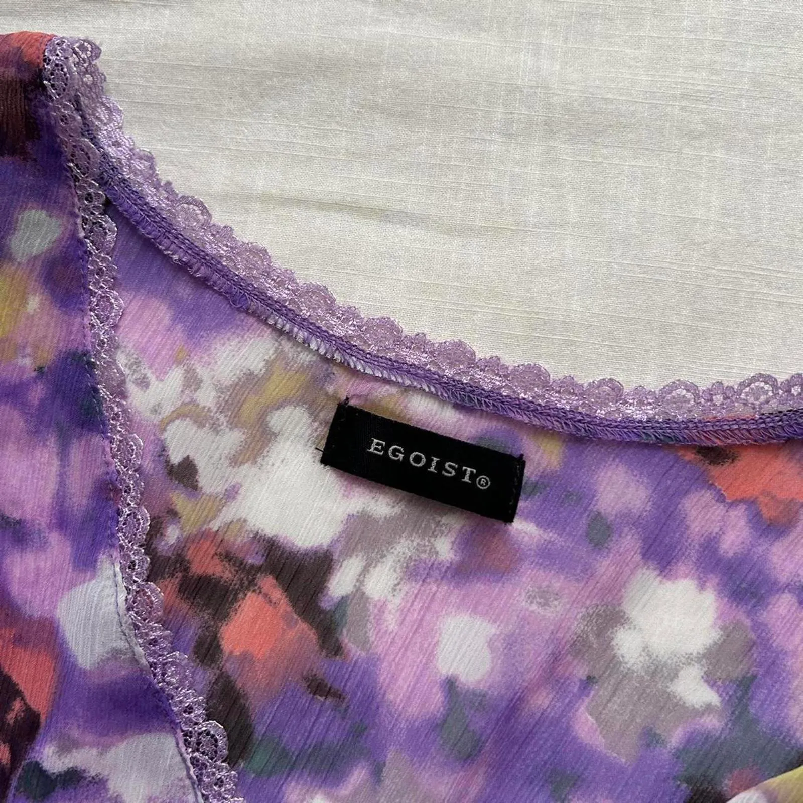 Japanese brand Egoist cute purple floral print babydoll long sleeve blouse lace - Image 2