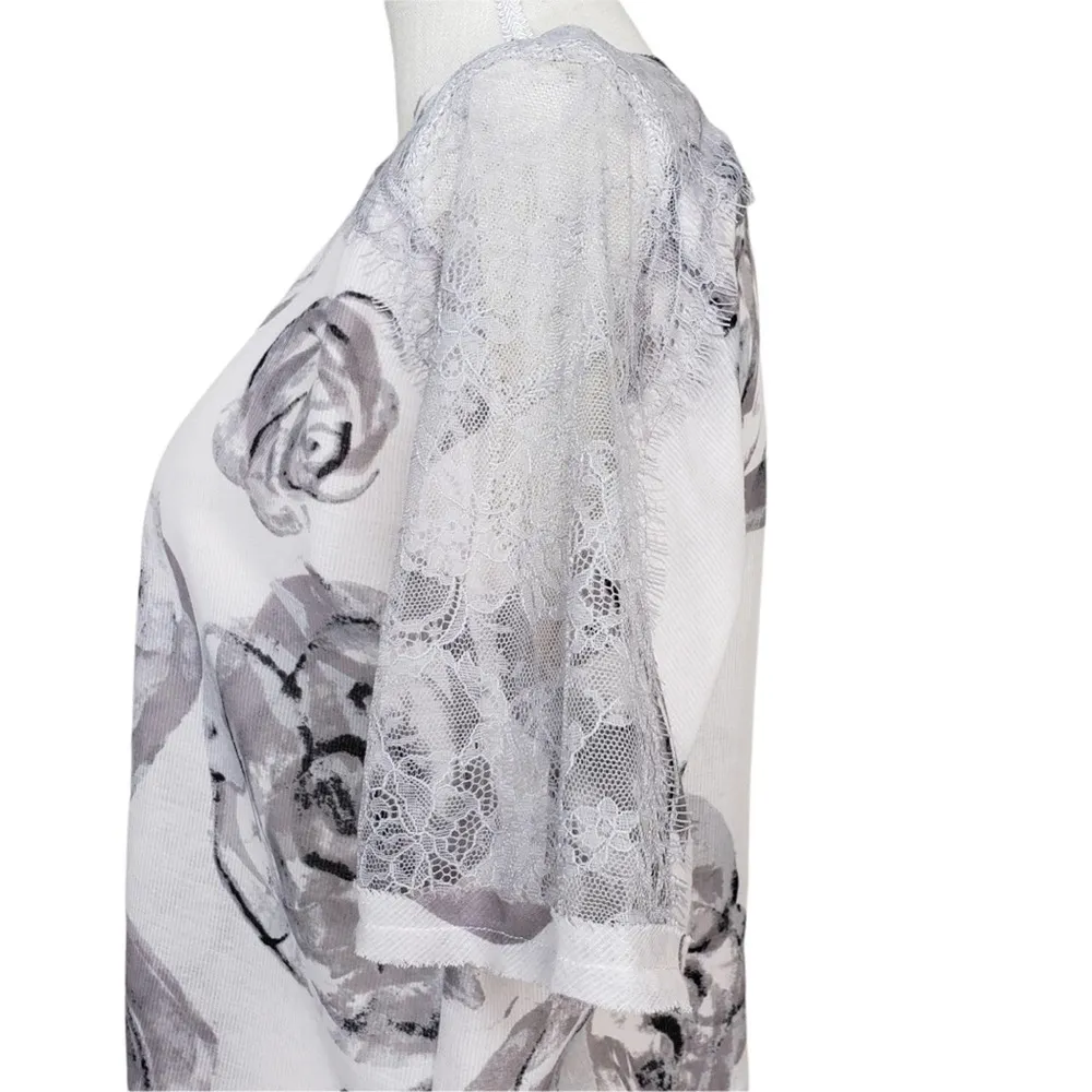 BCBGMAXAZRIA Lourie Rose Print Floral Top Pearl Gray Women's XS-S - Image 6