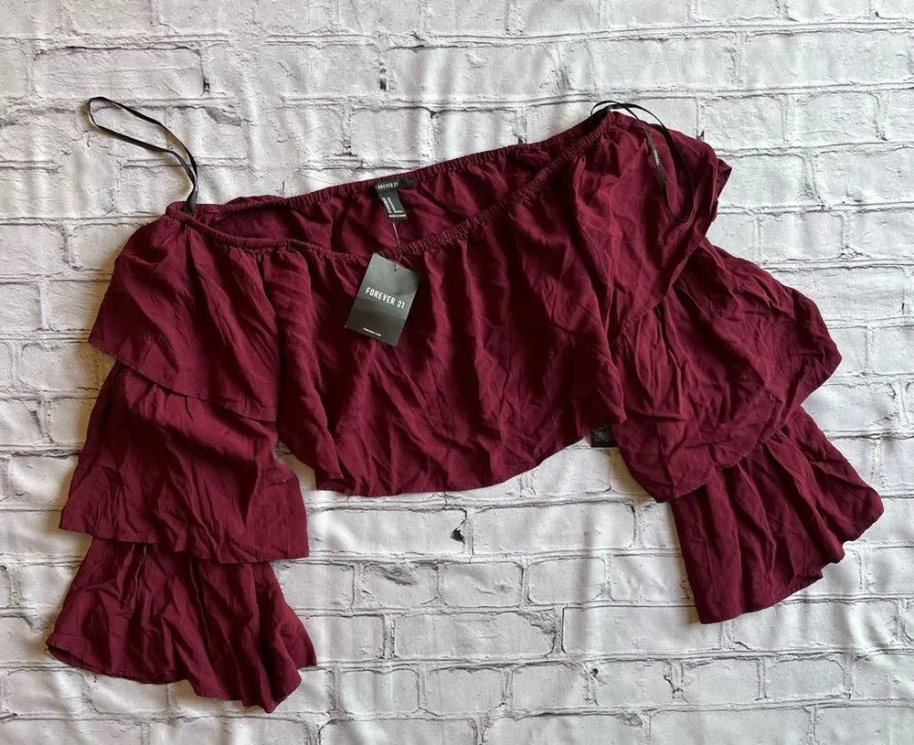 Forever 21 Off Shoulder Aubergine Layered Sleeve Boho Cropped Top Blouse NWT NEW - Image 11