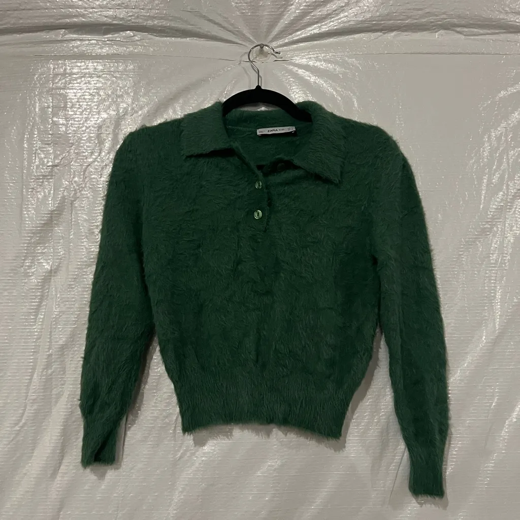 Zara Knit Green Textured Polo Sweater Size Small - Image 2
